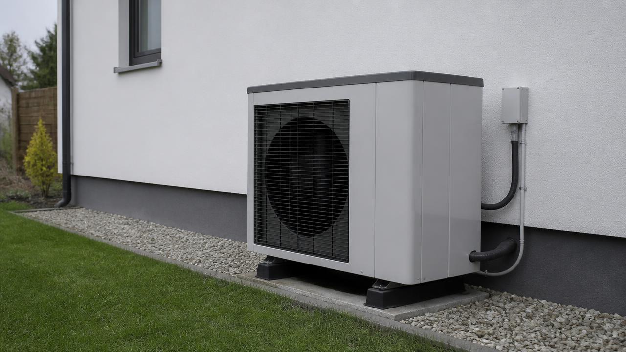 Außeneinheit einer Wärmepumpe mit elektrischem Anschluss an der Hauswand