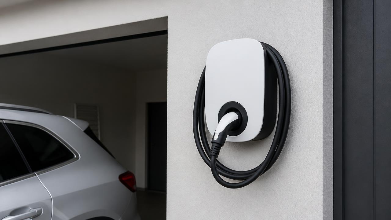 An der Garagenwand montierte Wallbox mit angeschlossenem Ladekabel